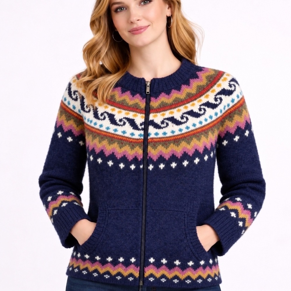 Invisible World Hand Knit Wool Cotton Fair Isle Full Zip Sweater Blue Medium